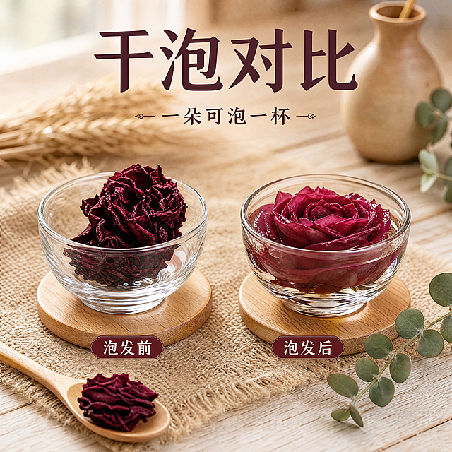 [主图-3] 墨红玫瑰干泡对比图，展示冲泡效果。氛围温馨自然哑光，商业摄影画质清晰通透。左侧干花保持原图形态颜色，右侧展示泡发舒展玫瑰，对比展示。配色深紫红色+浅木色米白大地色系。顶部大字"干泡对比"，小字"一朵可泡一杯"，文字不遮挡主体。1:1比例 4K分辨率。负向提示：变形水印文字遮挡渐变高饱和色