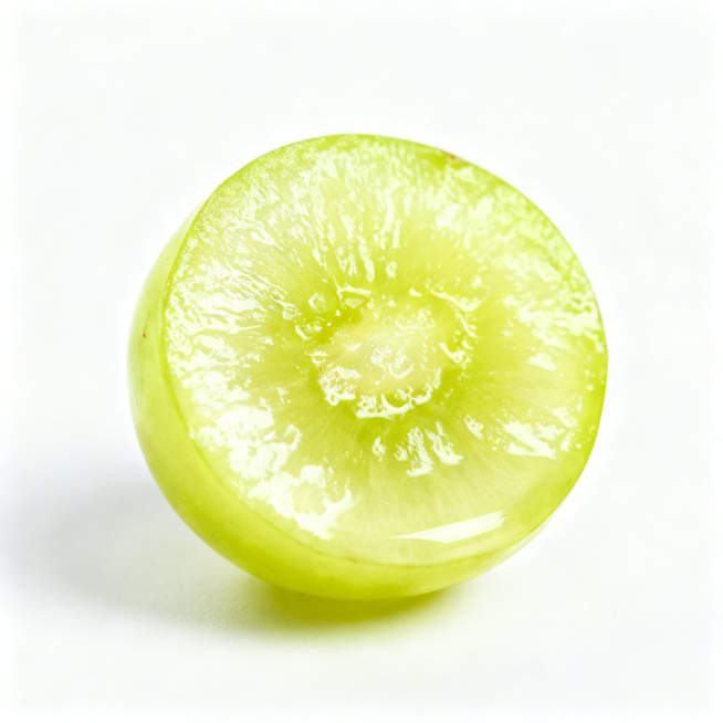 阳光玫瑰葡萄商品主图，纯白背景，单颗切开的阳光玫瑰葡萄展示果肉，居中展示，光影清晰，适合电商销售，突出脆甜无籽预览效果