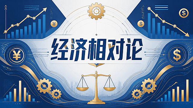 2D平面风格的经济主题专题图，画面正中央是醒目的中文标题文字"经济相对论"，字体设计现代简洁有设计感。背景融合经济学相关元素：上升下降的折线图、柱状图、货币符号、天平、齿轮、抽象的数据流动线条，采用蓝金配色，整体构图平衡对称，专业大气，适合作为专题封面