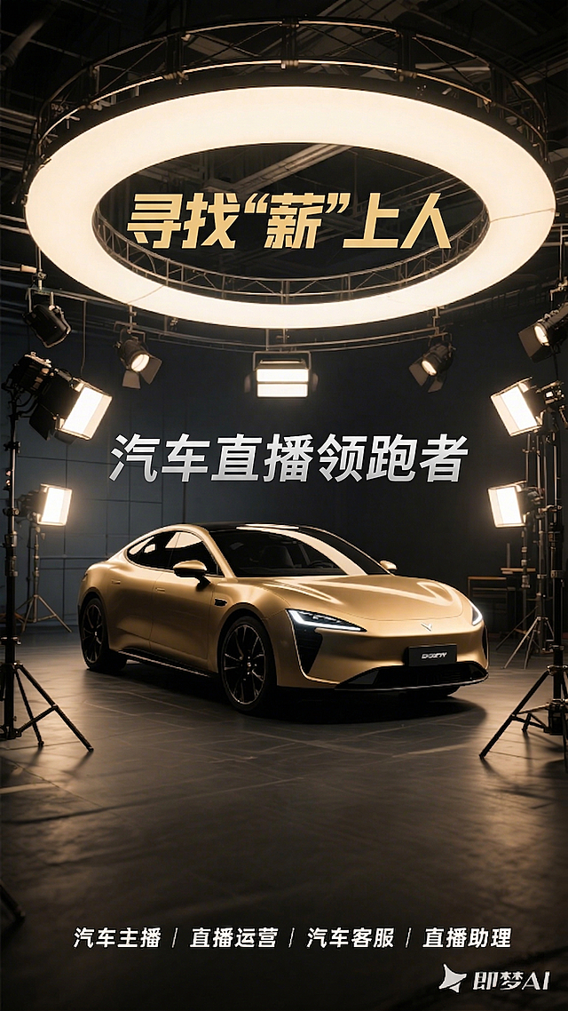 基于原图修改：将文字“寻找“薪”上人”移动到顶部的圆灯环形内，将文字“汽车直播领跑者”放到图片的中间位置，将文字“汽车主播、直播运营、汽车客服、直播助理”整体往上移动一点，保留原图所有其他内容、元素、光影和风格不变