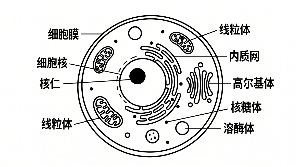 扁平卡通，小学生物细胞结构图，线条清晰，白底无多余装饰，教学专用预览效果