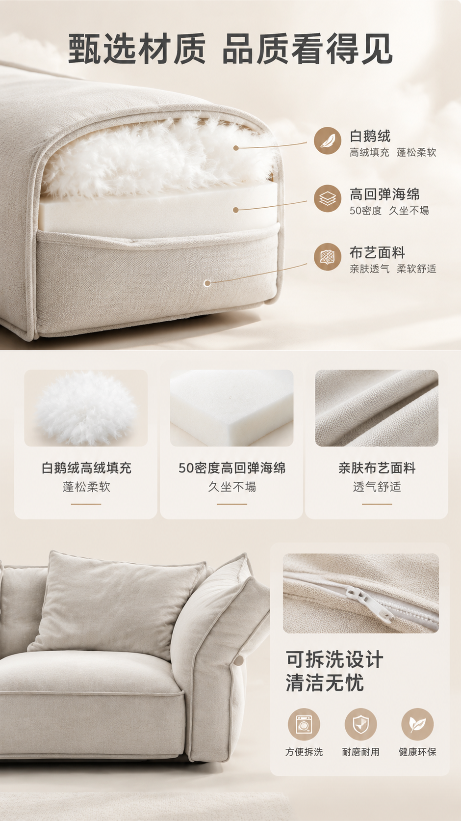 [商品] 使用【图1】卡梅洛特浅米色布艺羽绒沙发；保留三人位结… - 图片创意预览