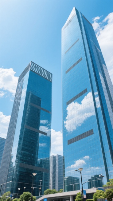 现代都市高楼建筑群，以两栋高耸入云的玻璃幕墙摩天大楼为主体，左侧稍矮建筑顶部有格栅状设计，右侧更高建筑顶部呈尖顶造型，楼体表面由蓝色调玻璃与金属框架构成，清晰反射天空中的白云。画面采用低角度仰拍构图，展现建筑的宏伟高耸，底部边缘可见少量绿色植物和路灯等城市元素。整体风格为超写实摄影，色彩清新明快，光线明亮柔和，具有清晰的明暗对比和细腻的材质纹理。画面干净整洁，无多余装饰，符合现实建筑逻辑，适合……预览效果