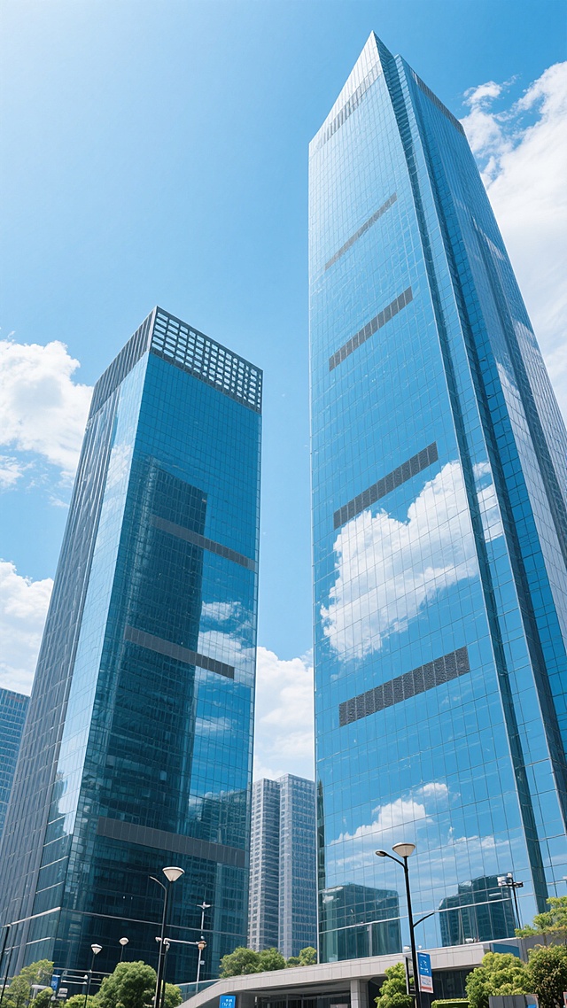 现代都市高楼建筑群，以两栋高耸入云的玻璃幕墙摩天大楼为主体，左侧稍矮建筑顶部有格栅状设计，右侧更高建筑顶部呈尖顶造型，楼体表面由蓝色调玻璃与金属框架构成，清晰反射天空中的白云。画面采用低角度仰拍构图，展现建筑的宏伟高耸，底部边缘可见少量绿色植物和路灯等城市元素。整体风格为超写实摄影，色彩清新明快，光线明亮柔和，具有清晰的明暗对比和细腻的材质纹理。画面干净整洁，无多余装饰，符合现实建筑逻辑，适合作为背景素材使用。