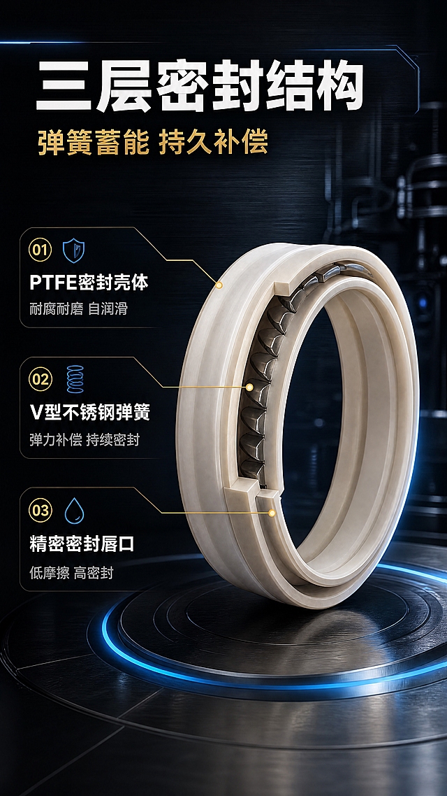 [商品] 使用【图7】浅米白色PTFE弹簧蓄能密封圈做剖面结构展示；保留产品外观结构：浅米白PTFE主体、多层环形、内圈金属弹簧阵列。产品做1/4剖切效果，展示内部三层结构。
[画面] 第4张·结构材质解析。目标展示弹簧蓄能密封圈的内部构造与材质优势。画面中央偏右放置一枚做了1/4剖切的弹簧蓄能密封圈，清晰展示内部三层结构：外层PTFE密封壳体、中间V型不锈钢弹簧阵列、内层密封唇口。左侧为结构标注信息区。深色工业背景，有科技蓝光线条和光晕效果增强科技感。竖版9:16构图。
[视觉] 套系策略：风格=深色工业风高端商业摄影；标题字=现代粗黑无衬线体；正文字=简洁无衬线体；主色=深黑灰工业底色；背景延展=基于深黑灰做渐变层级、金属拉丝纹理和工业场景剪影；强调色=科技蓝+金色，仅用于小面积图标、引线、标签和局部光效；标题色=白色+金色；正文色=浅灰色；组件=圆角深色信息卡、细线引线、工业图标；光影=左前上方主光+右侧轮廓光，产品金属与PTFE质感突出，暗部有层次。
[文字] 顶部主标题「三层密封结构」白色大号粗体字，下方副标题「弹簧蓄能 持久补偿」金色中号字。左侧三条引线从结构指向文字说明：①引线指向外层PTFE壳体 + 「PTFE密封壳体」白色粗体 + 「耐腐耐磨 自润滑」浅灰小字；②引线指向中间V型弹簧 + 「V型不锈钢弹簧」白色粗体 + 「弹力补偿 持续密封」浅灰小字；③引线指向内层密封唇 + 「精密密封唇口」白色粗体 + 「低摩擦 高密封」浅灰小字。文字全部横排，不遮挡产品主体。
[规格] 图片比例9:16竖版，4K分辨率，负向提示：变形、错字、文字过小、产品结构错误、电商平台Logo、水印、绝对化用语、竖排文字。