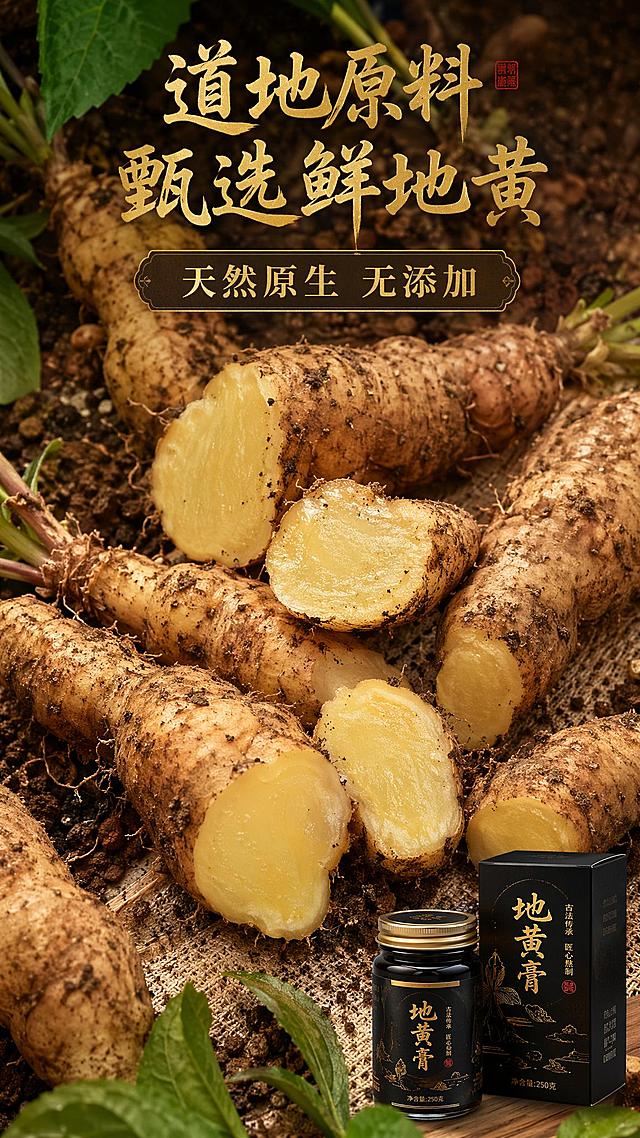 [第2屏] 地黄膏核心原料展示屏。
[氛围/风格] 自然原生态，真实生鲜质感，暖调通透。
[元素布局] 整张屏铺满新鲜地黄根茎微距特写，新鲜带泥土的地黄切开露出内部肉质，纹理清晰；产品包装【图1】放置右下角作为辅助展示，占比约20%；原料占屏超过60%，突出核心原料优势。
[光影质感] 自然光柔和照明，突出地黄新鲜纹理和质感，明暗层次自然。
[配色色系] 全局底色 #F0EAD6；主色：地黄自然黄褐色；辅助色：产品黑金点缀。
[视角构图] 俯拍视角，地黄满铺，产品右下角点缀，主次分明。
[文字版式] 顶部主标题「道地原料 甄选鲜地黄」，中部大色块标签标注「天然原生 无添加」，金色书法字体，字色统一金色，不遮挡原料主体，文字清晰可读。
[比例分辨率] 9:16 竖版比例，2K分辨率，高清画质。
[负向提示词] 原料不新鲜，纹理模糊，产品占比过大，文字错乱，水印，颜色偏差。