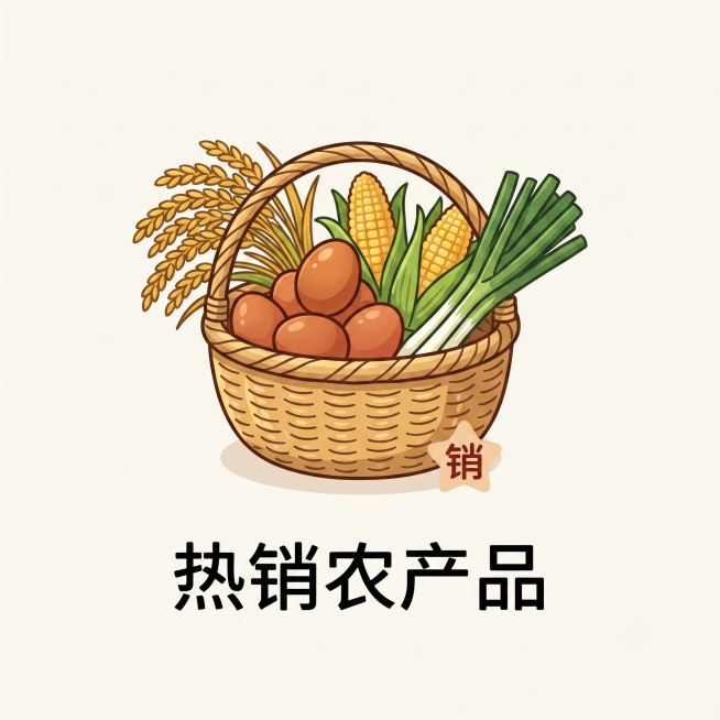 生成一张分类导航图标，主题为"热销农产品"，风格参考提供的示例图：可爱简约的手绘卡通插画风格，暖色调，画面上方是对应的农产品插画，下方是黑色的文字"热销农产品"，保持和示例一致的排版和构图预览效果