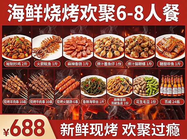 参考上传图片的样式，生成海鲜烧烤欢聚6-8人餐套餐头图。保留相同版式风格：顶部红色通栏大标题，中分两行排列菜品展示区，共13种菜品，每种菜品配红色圆角标签框标注名称和份量，底部左侧放价格区，价格标注为¥688，底部右侧放标语，整体红色主色调，底部带炭火烧烤背景，保留烟火热气和火花效果，营造浓郁烧烤欢聚氛围。菜品内容更换为：第一行：1. 秘制炒鸡 2斤；2. 火箭鱿鱼 1斤；3. 麻辣香肠 1斤；4. 捞汁墨鱼仔 1份；5. 捞汁猫眼螺 1斤；6. 糖醋带鱼 1斤；第二行：7. 现烤羊肉串 10串；8. 现烤牛肉串 10串；9. 现烤火腿肠 6串；10. 香辣海带丝 1斤；11. 麻辣面筋 泡椒鱼皮 1份；12. 花生毛豆 1份；13. 百威 24瓶。每种菜品均展示实物美食图片，色泽诱人，新鲜有食欲，文字清晰标注在对应菜品下方红色圆角标签框中。顶部大标题："海鲜烧烤欢聚 6-8人餐"，白色大字红色背景。底部标语："新鲜现烤 欢聚过瘾"，白色大字红色背景。尺寸为800*600px，4:3比例，整体红色主色调，有炭火烧烤氛围，图片结合文字，文字清晰锐利，超高清2K分辨率。负向提示词：变形，水印，文字错乱，图片模糊，背景杂乱，食材变形，文字遮挡主体，排版拥挤