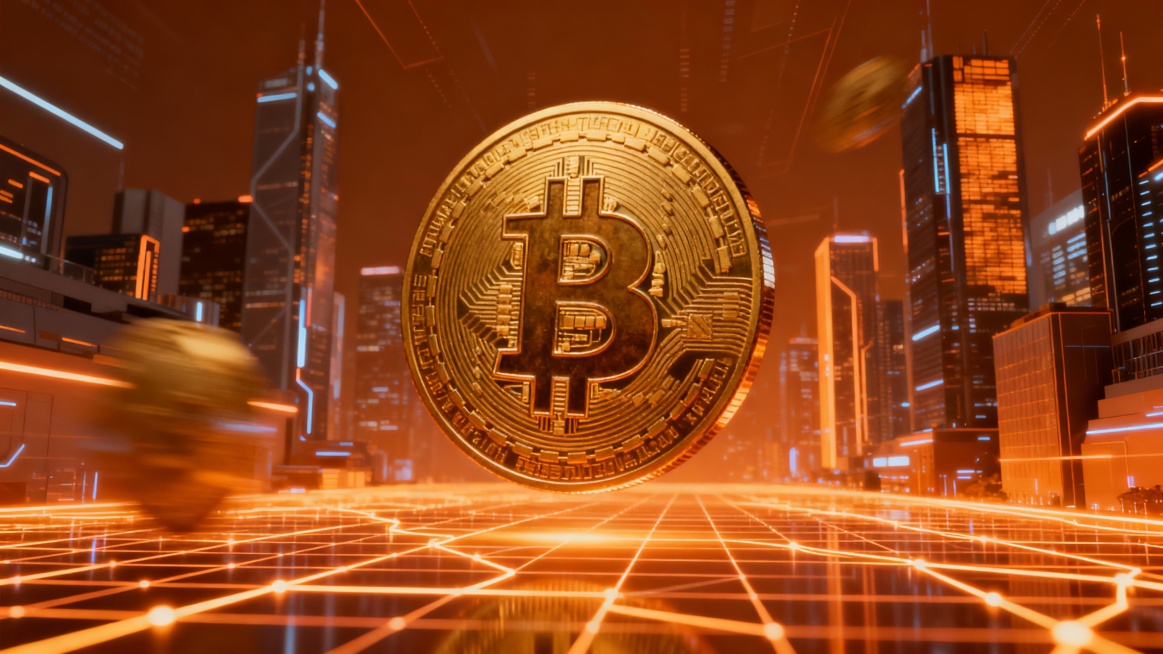 Bitcoin themed background, large golden Bitcoin coin floating in digital space, futuristic financial预览效果