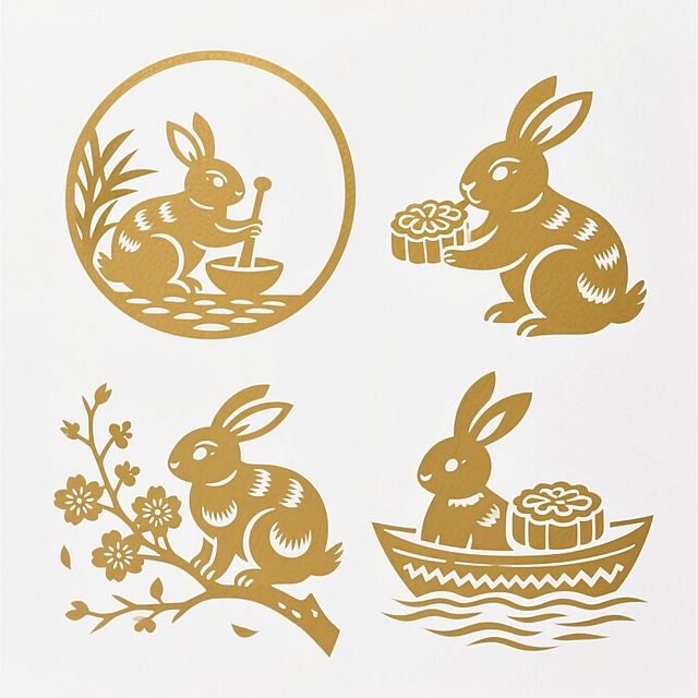 4个金色烫金的圆润玉兔素材（2X2规整排布），带有不同动作：1、在月亮上捣药草，2、吃月饼，3、坐在桂花枝上，4、划船载着月饼。白色背景