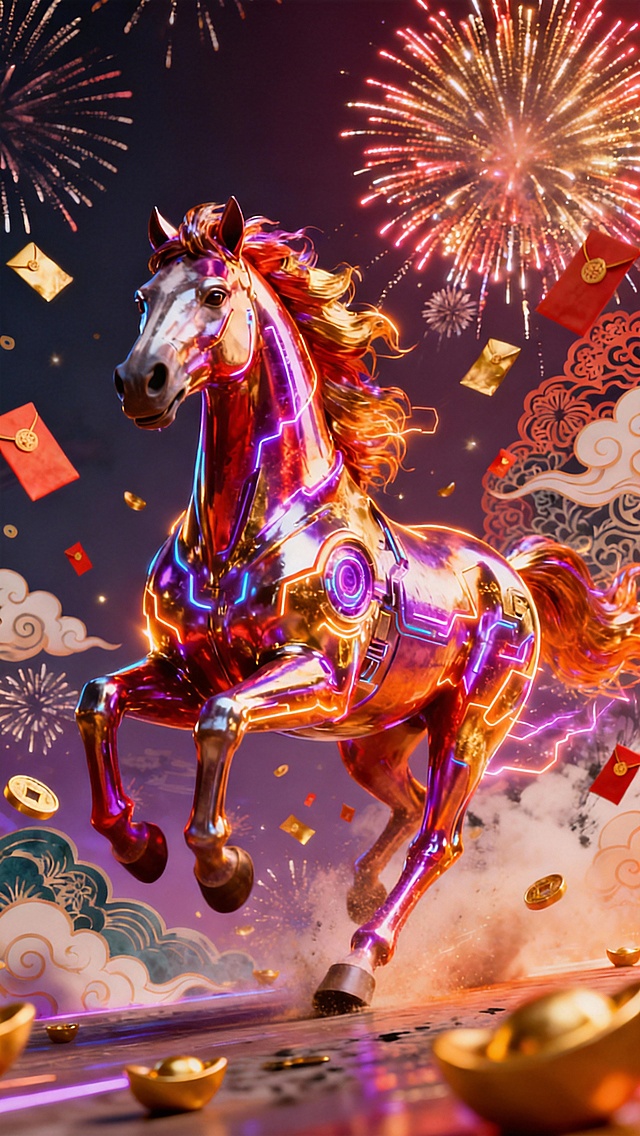 赛博朋克风与国潮元素融合，霓虹灯勾勒金属骏马，鎏金元宝与烟花交织，喜庆感十足的未来春节贺图。