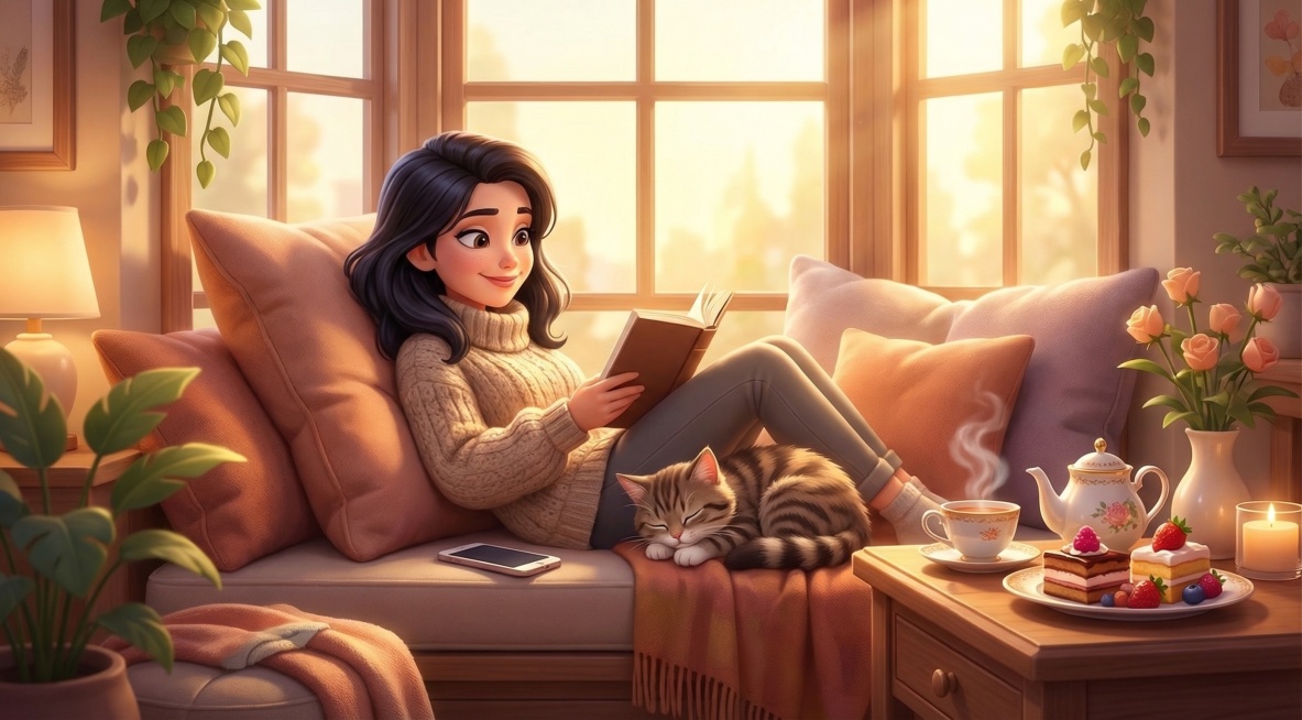 3D卡通风格，女人慵懒地坐在窗前看书，靠在柔软的靠枕上，手里拿着一本书，旁边有一只小猫在睡觉，一旁放着手机和精致的茶点，暖色调温馨氛围，参考参考图的卡通3D质感预览效果