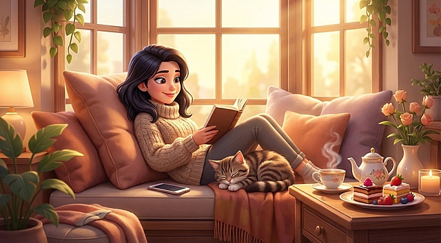 3D卡通风格，女人慵懒地坐在窗前看书，靠在柔软的靠枕上，手里拿着一本书，旁边有一只小猫在睡觉，一旁放着手机和精致的茶点，暖色调温馨氛围，参考参考图的卡通3D质感