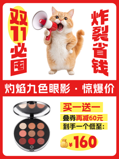 双十一/双11省钱攻略必买指南/化妆品护肤美妆商家/电商补贴优惠降价促销福利满减红包领券/猫咪喇叭表情包/小红书封面/配图