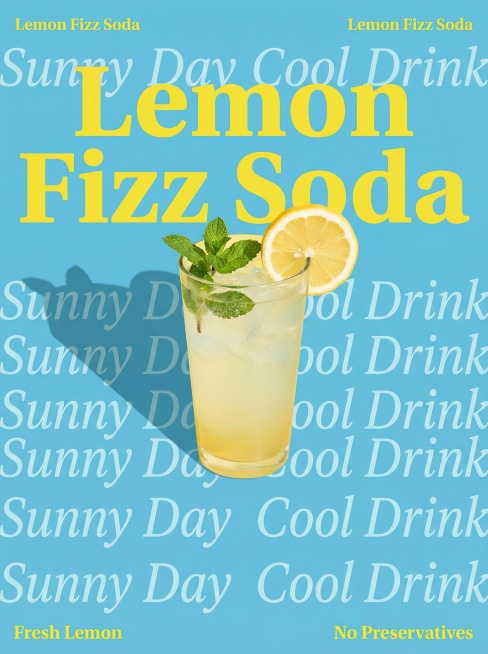 一张为 “Lemon Fizz Soda” 设计的夏日风排版海报。其核心是将 “Sunny Day” 与 “Cool Drink” 标语以清爽斜体构成重复背景，左右上角为小字 “Lemon Fizz预览效果