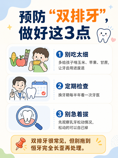 科普图文，三行预防建议每行配对应图标，底部加引导框，标题文字："预防“双排牙”，做好这3点"，正文文案："别吃太细：多给孩子啃玉米、苹果、甘蔗，让牙齿用进废退 定期检查：换牙期每半年看一次牙医 别急着预览效果