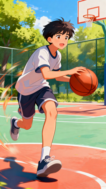 卡通风格男生在户外篮球场打篮球，阳光明媚的天气，色彩鲜艳明快，充满活力，男生穿着休闲运动服，运球动作动感流畅预览效果