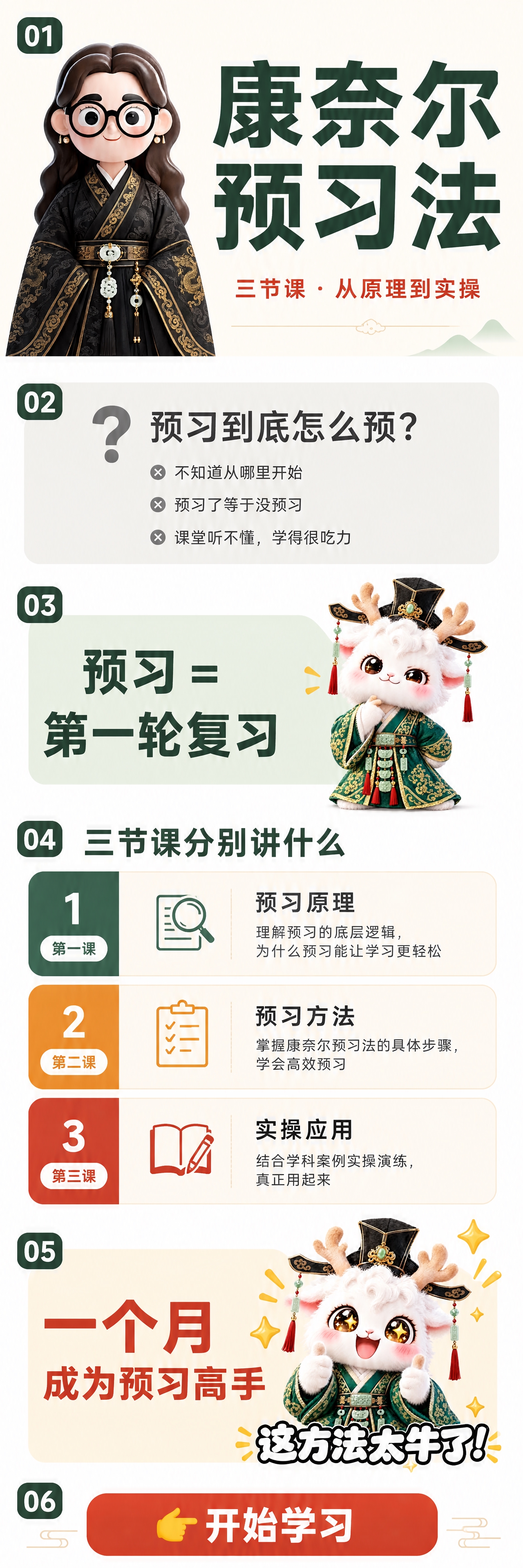 康奈尔预习法三节课总览长图，极简国风学习风，清爽高级，适合小学… - 图片创意预览