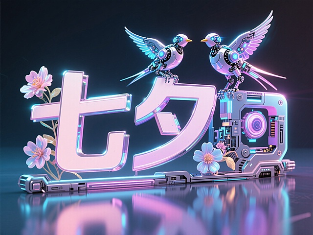 未来感3D设计，科技机械鸟与虚拟自然花卉结合，霓虹灯风营造梦幻氛围。