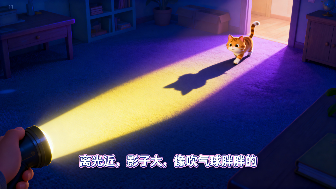 中班幼儿科学微课PPT内页，第11页影子步骤，卡通梦幻风格，皮克斯风格，明亮色彩，主色调蓝紫黄渐变，幼儿视角。黑暗房间，手电筒光柱，展示小猫从小变大的移动过程，影子从小变大，大字儿歌"离光近，影子大，预览效果