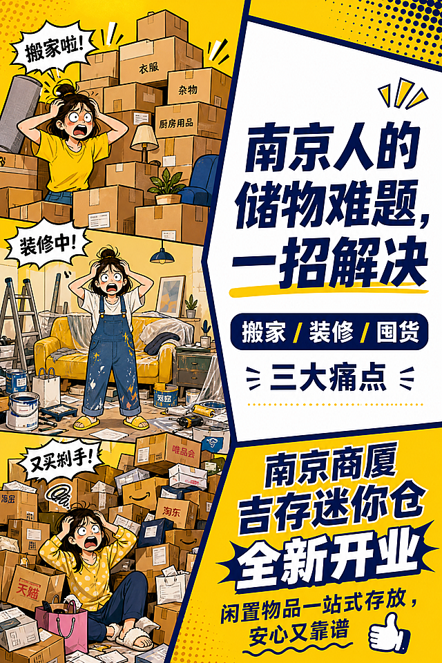 公众号竖版配图，1280x1920，黄蓝撞色卡通漫画风格，黄色为主色调，深蓝色文字，几何色块分割，波点装饰元素。画面左侧是卡通插画：搬家时箱子堆成山、装修时物品摆满客厅、网购快递盒堆满房间的夸张搞笑场景，人物表情无奈又抓狂。右侧白色几何块区域内排版精简文案，大标题加粗醒目："南京人的储物难题，一招解决"，副标题："搬家 / 装修 / 囤货 三大痛点"，底部大字强调："南京商厦吉存迷你仓全新开业，闲置物品一站式存放，安心又靠谱"。整体风格活泼吸睛，网感强，适合公众号推文首图。