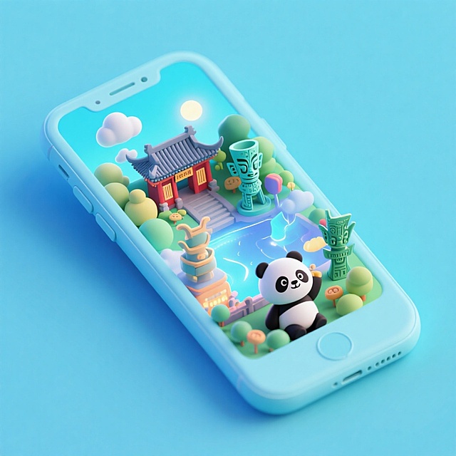 一个手机创意微缩场景，手机平放，侧面对着观众，手机俯视角度，立体的成都景观从屏幕内出来，有熊猫，三星堆，武侯祠，整体色调立体魔幻。青色背景。具有梦幻感,打光营造出柔和氛围强调梦幻和未来感的美学。