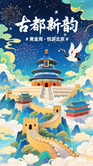 天坛、传统古建筑群、长城为主体，搭配仙鹤、祥云、烟花等装饰，背景是带有星星的夜空，整体色调为蓝、绿、黄等清新且富有中国风的色彩。主标题白色书法艺术字“古都新韵”，副标题“# 黄金周・悦游北京 #”预览效果