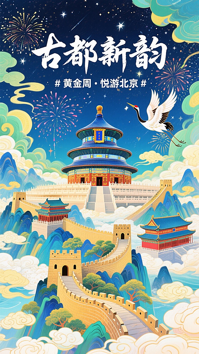 天坛、传统古建筑群、长城为主体，搭配仙鹤、祥云、烟花等装饰，背景是带有星星的夜空，整体色调为蓝、绿、黄等清新且富有中国风的色彩。主标题白色书法艺术字“古都新韵”，副标题“# 黄金周・悦游北京 #”