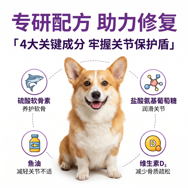 [主图-3成分功效],[氛围风格]健康清新专业的宠物保健品电商主图；[画质]商业摄影质感，光线柔和通透，画面干净高级，超高清；[元素]背景为纯净白色，视觉中心是一只笑容灿烂活泼健康的柯基犬大图，在狗狗预览效果