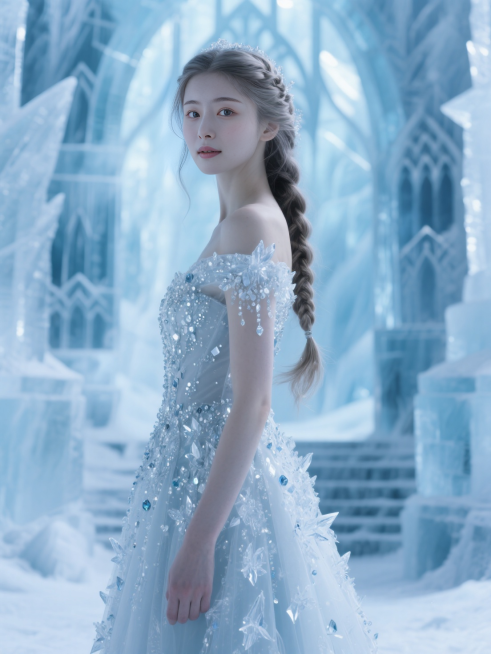 人物穿着冰雪礼服，缀着冰晶颗粒，背景是冰封宫殿， 剔透冷冽滤镜预览效果