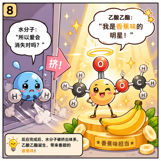 卡通分镜漫画第八格：水分子被"挤"出来一脸委屈，配文水分子："所以爱会消失对吗？"，乙酸乙酯酯分子诞生自带水果光环，配文乙酸乙酯："我是香蕉味的明星！"，风格为可爱科普漫画，线条清晰，色彩明亮预览效果
