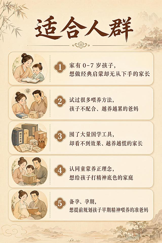 生成一套国风课程详情页，整体风格参考「图片1」「图片1」。要包含以下内容：一、主图页（首屏 Banner）
主标题：黄金三步法 —— 教你避开误区，找到正养之路
副标题：3 天直播系统课・0-7 岁童蒙正养方案
核心 slogan：不用逼、不用催，用最省力的方式，给孩子扎下精神的根
落款：石头妈妈 亲授
二、痛点页
【痛点共鸣】
你是不是也陷入了这样的育儿困境：
囤了一堆国学机、经典绘本、启蒙音频，孩子根本不买账
逼着孩子听经典、认字、背古文，越逼孩子越反感、越抗拒
跟风试了无数方法，越努力越心慌，不知道做的到底对不对
别人说什么好就塞给孩子什么，育儿像打仗，满身狼狈
【真相点破】
你深爱孩子，却用错了方式
90% 的经典喂养问题，从来不是孩子不配合
而是你踩中了「顺序错、方法错」的致命误区
真正的童蒙养正，不是填鸭灌输，不是速成攀比
是顺着孩子的成长节奏，走对三步，轻松扎根
【方案引出】
石头妈妈结合传统文化智慧与儿童发展规律
带来「黄金三步法」正养体系
帮你告别慌乱育儿，走对 0-7 岁精神喂养的每一步
三、金句页
真正的正养，从来不是父母 “教” 出来的，是孩子自己 “长” 出来的。
熏听的核心心法：只问耕耘，不问收获。
声音里的经典，比文字里的经典，先进入孩子的生命。
做父母，最大的美德是耐心。
四、讲师介绍
主讲人：石头妈妈
双硕士 / 高校教师
作家 / 资深童书创作者
童蒙正养理念践行者
曾任资深记者、编辑
深耕传统文化与儿童成长教育融合领域，出版诗集、小说集、儿童绘本多部作品。以自身育儿实践与专业学术背景为基础，拆解经典喂养的底层逻辑，打造可落地、不焦虑的家庭正养方法，帮助家长走出育儿慌乱。
五、课程内容
Day1 我们深爱孩子，却满脸狼狈 —— 当代父母的 “用力过猛”
拆解当代家长的焦虑根源：为什么越努力，心里越没底？
戳破速成思维陷阱：我们是如何把育儿变成 “打仗” 的
童蒙养正的本质：“养” 不是硬掰，是静待生长的智慧
核心认知：0-7 岁孩子靠 “吸收” 学习，而非 “理解”
Day2 三大喂养误区，你中了几个？
误区一：把 “熏听” 变 “填鸭”，用监督毁掉孩子的兴趣
误区二：跳过熏听急着认字，提前消耗孩子的学习热情
误区三：过早解释经典，用二手道理毁掉原生美感
误区本质：你的 “急”，正在打乱孩子的成长节奏
Day3 黄金三步法 —— 最省力的正养之路
第一步「熏听」：把经典当空气，0 岁启动的正确操作
第二步「认亲」：水到渠成认字，让文字和孩子 “做朋友”
第三步「理解」：不愤不启不悱不发，等孩子主动来问
落地心法：松弛育儿，相信声音与时间的力量
六、你的收获
学完这 3 天，你将获得：
认知升级：厘清童蒙养正的底层逻辑，告别盲目跟风焦虑
避坑指南：吃透经典喂养三大误区，避开 90% 家长踩过的坑
落地方法：掌握「熏听 - 认亲 - 理解」黄金三步法，直接照着做
心态转变：放下速成执念，学会松弛、省力的育儿节奏
育儿底气：清晰每个阶段该做什么，养孩子不再慌慌张张
七、适学人群
家有 0-7 岁孩子，想做经典启蒙却无从下手的家长
试过很多喂养方法，孩子不配合、越养越累的爸妈
囤了大量国学工具，却看不到效果、越养越慌的家长
认同童蒙养正理念，想给孩子打精神底色的家庭
备孕、孕期，想提前规划孩子早期精神喂养的准爸妈
八、课程包含
石头妈妈亲授 3 天直播正课，全程拆解正养逻辑与落地方法
专属高清录播回放，支持反复回看，随时巩固学习
一套完整可落地的「黄金三步法」正养体系，适配 0-7 岁全阶段
九、课程须知
如何上课：购买成功后自动开通课程权限，按课表参与直播，录播可随时回看
课程有效期：课程回放有效期 3 年，期间可不限次数反复学习
退款说明：课程为虚拟知识服务内容，一经订阅开通，不支持退款，请您谅解
十、底部报名栏
主按钮文案：立即报名
辅助文案：
解锁孩子的正养成长之路
3 节直播系统课
仅需 299 元
走对每一步，育儿不慌乱