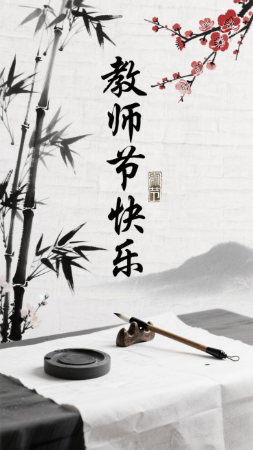 中国风水墨风格教师节海报，宣纸纹理背景，水墨画出的竹子与梅花元素，传统毛笔字体"教师节快乐"，古典印章样式落款，留白处有砚台和毛笔装饰，淡雅的黑白灰主色调搭配一点红色点缀预览效果