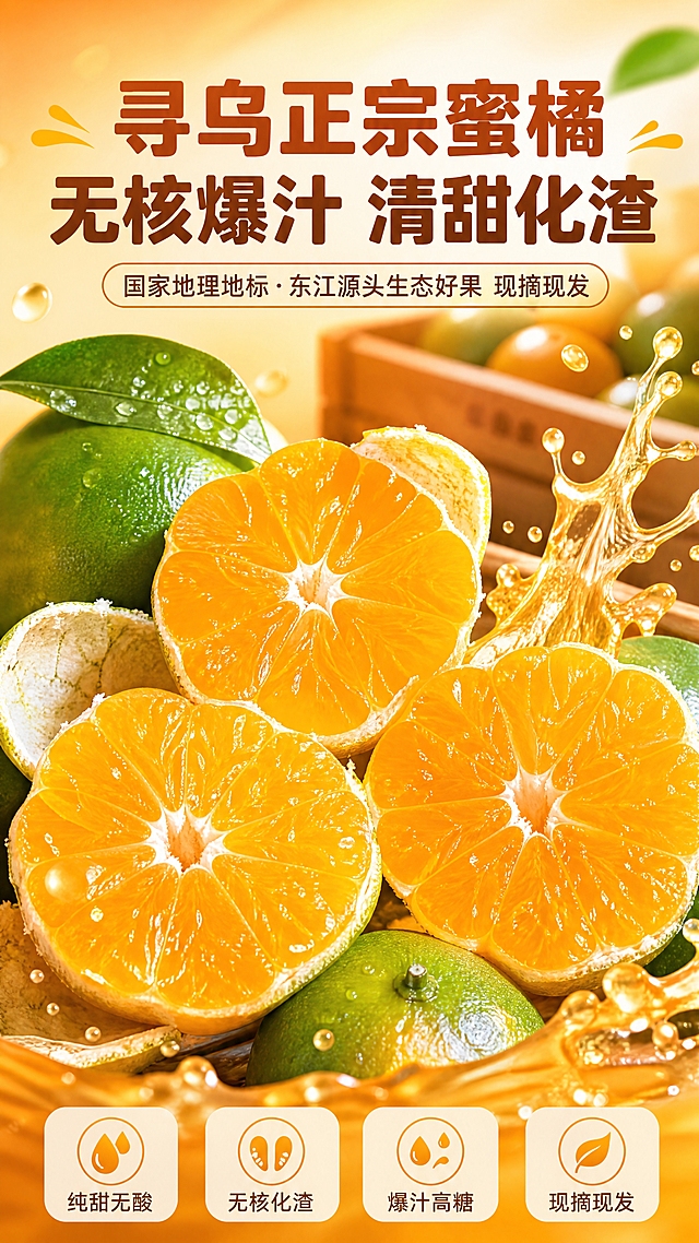 [商品] 使用【图1】【图2】【图8】寻乌蜜橘切面特写图；保留蜜橘真实结构：绿皮带黄晕、橙黄果肉、分瓣清晰、汁水充盈的质感、果皮白瓤纹理；商品处理：增强果肉晶莹剔透感和汁水光泽，保留真实果形和颜色，不改变蜜橘品种特征。
[画面] 页面目标：首屏食欲海报，引流钩子直击核心卖点。构图：上文下图，顶部标题区占画面30%，底部产品区占画面70%；主体位置：中下部为蜜橘切面特写堆叠，左侧整果点缀，右侧模拟爆汁水流飞溅效果；主体占比70%；摆放角度：正面平视+微俯切面；景别：中近景；阅读动线：从上到下；前景：水珠和果汁飞溅，中景：蜜橘切面+整果组合，后景：暖橙色渐变虚化背景，隐约可见整箱鲜果轮廓。
[视觉] 套系策略：风格=生鲜农特高级商业摄影，暖调食欲感；标题字=粗黑体圆润厚重；正文字=简洁无衬线体；主色=暖橙橘色；背景延展=基于暖橙橘做深浅渐变、同色系光晕和细腻柔光质感；强调色=金黄蜜色，仅用于小面积图标、引线、标签和高光；标题色=深橙棕色；正文色=暖棕灰色；组件=圆角暖底信息卡、细线引线、圆形icon；光影=左前侧暖柔光，果肉高光通透。
[文字] 顶部居中主标题：寻乌正宗蜜橘 无核爆汁 清甜化渣（14字，大号粗体）；主标题下方副标题：国家地理地标·东江源头生态好果 现摘现发（中号）；底部左右两侧各2个小卖点icon标签：纯甜无酸、无核化渣、爆汁高糖、现摘现发；文字区不遮挡蜜橘主体切面核心区域。
[规格] 图片比例9:16竖版，4K分辨率，负向提示：避免冷蓝背景、文字竖排、文字过小、蜜橘变形变色、虚假夸张特效、极限词（第一/顶级/最好）、平台logo水印。