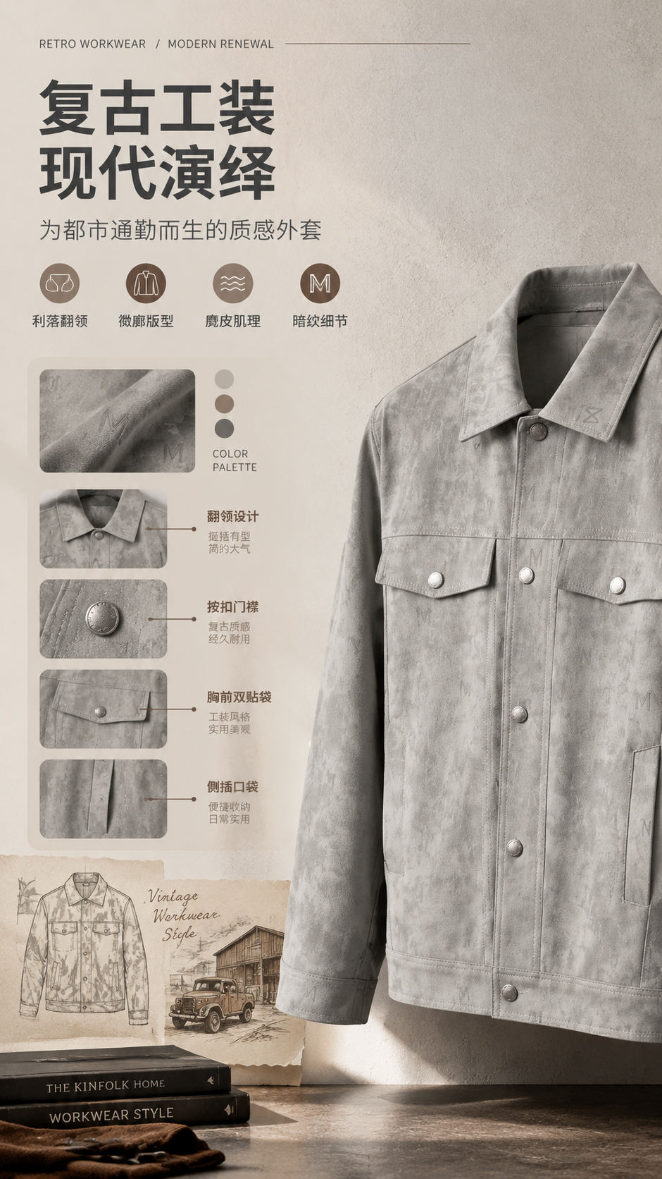 [商品] 使用【图1】浅灰色男士麂皮绒翻领夹克；商品处理：保留… - 图片创意预览