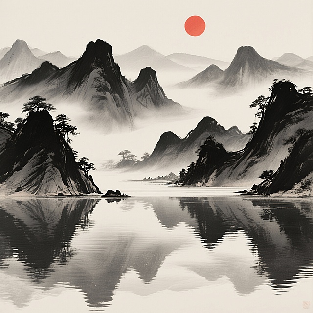 中国水墨画风格，远山层叠，以浓淡墨色勾勒山石轮廓，山间云雾缭绕呈淡灰色晕染效果，红日高悬天际，湖面平静如镜倒映山峦与红日，整体画面留白充足，营造空灵悠远的意境，融入古风山水元素，展现传统水墨的写意韵味与宁静氛围。