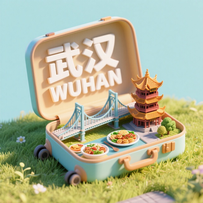 俯视图，一个打开的行李箱，行李箱内侧盖子写着“武汉WUHAN“，行李箱体里是长江大桥、黄鹤楼、美食组成的3d微缩景观，行李箱被放在草地上预览效果