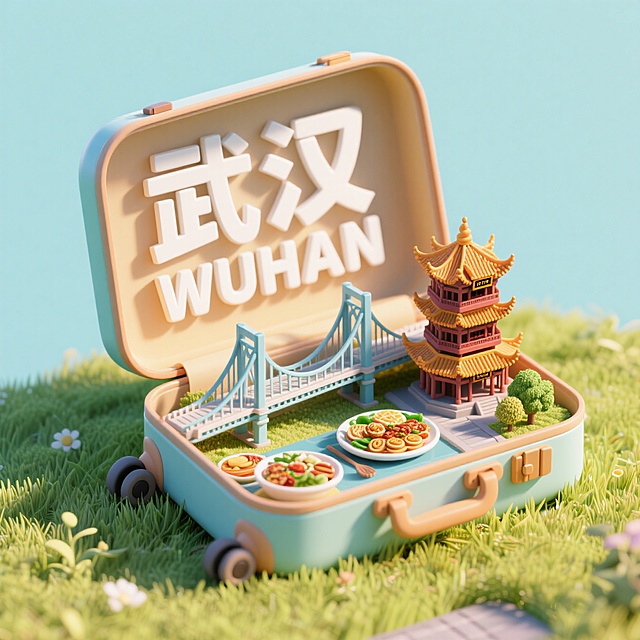俯视图，一个打开的行李箱，行李箱内侧盖子写着“武汉WUHAN“，行李箱体里是长江大桥、黄鹤楼、美食组成的3d微缩景观，行李箱被放在草地上