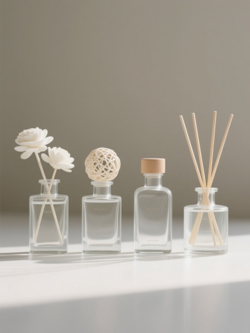 简约现代风格的香薰产品展示图，四个不同设计的透明玻璃香薰瓶呈规整矩形排布，瓶身分别插有白色仿真花、编织球形装饰及天然木质扩香棒，整体造型简洁优雅，统一置于纯色背景上，无任何文字、logo或水印，光线柔和营造出干净通透的氛围，物体边缘清晰，材质细节真实，构图平衡对称，展现出高端家居香薰产品的精致感与设计美学。预览效果