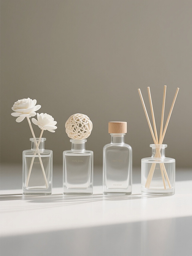 简约现代风格的香薰产品展示图，四个不同设计的透明玻璃香薰瓶呈规整矩形排布，瓶身分别插有白色仿真花、编织球形装饰及天然木质扩香棒，整体造型简洁优雅，统一置于纯色背景上，无任何文字、logo或水印，光线柔和营造出干净通透的氛围，物体边缘清晰，材质细节真实，构图平衡对称，展现出高端家居香薰产品的精致感与设计美学。