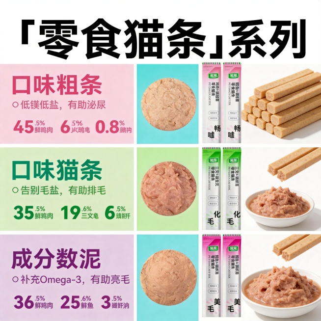 [主图-3] 笑宠零食猫条四种口味全系列展示
[氛围风格] 简洁分类风，清晰展示全系列口味信息
[画质] 商业摄影质感，光线柔和通透，产品清晰真实，画面干净高级
[元素] 画面从上到下分四个色块区域展预览效果