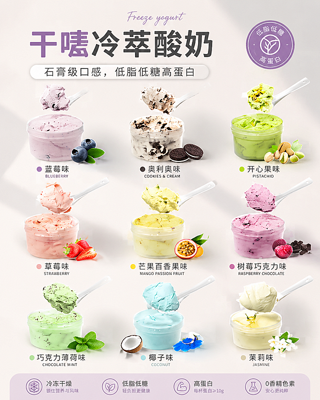 制作干噎酸奶商品宣传海报，保留图中9种不同口味干噎酸奶（蓝莓味、奥利奥味、开心果味、草莓味、芒果百香果味、树莓巧克力味、巧克力薄荷味、椰子味、茉莉味），干净高级的莫兰迪色系背景，添加文字"干噎冷萃酸奶"、"石膏级口感，低脂低糖高蛋白"，保持整体排版清晰美观，商业电商海报风格