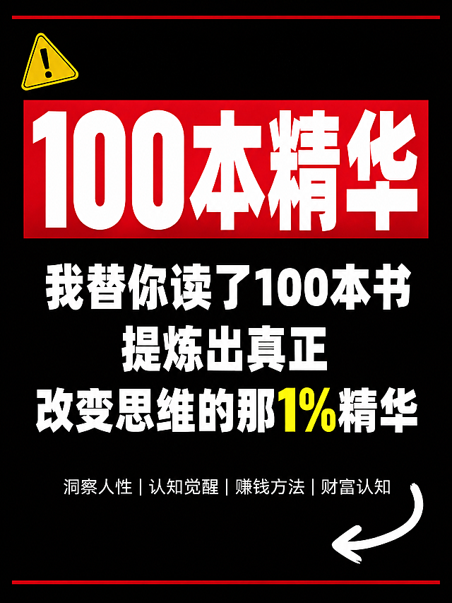 小红书笔记大字封面，纯大字，高饱和撞色红黑风，版式精美，小红书笔记封面质感，适合信息流点击。主标题逐字锁定：「100本精华」，置于顶部大红色矩形色块底框内，白字超粗黑体扁平sans，占画面约35%视觉权重。副标题三行白色粗黑体居中：第一行「我替你读了100本书」，第二行「提炼出真正」，第三行「改变思维的那1%精华」，其中「1%」用亮黄色高亮。底部小字标签白色细体居中：「洞察人性|认知觉醒|赚钱方法|财富认知」。背景：纯黑色底，带细微噪点肌理。装饰：左上角一个黄色警示三角小贴纸；右下角一个手绘白色弯曲箭头；顶部底部各一条细红线通栏。整体氛围：强烈冲击、干货硬核、醒目标题党。画质：高清细腻，信息层级清晰，文字完整处于安全区内不可裁切，四周留安全边距。画面比例3:4，4K。