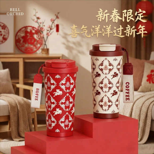 这是一款马年保温杯，换一个背景，要和新年相关，家居类的背景，简约一点，温馨一点，添加【新春限定】【喜气洋洋过新年】文字，但是不要遮挡保温杯，其余的百分百不变预览效果