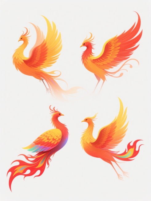 四个不同造型的凤凰插画，每个凤凰均采用细腻的数字绘画风格，主体羽毛以明亮的橙黄色为主色调，点缀红色与黄色渐变，尾羽尖端有红色火焰状花纹，边缘带有柔和的发光效果和彩色光晕，整体姿态飘逸灵动，背景为纯白色，画面简约现代，无任何文字、logo或水印，四个凤凰呈规整排布，保持一致的艺术风格和视觉质感。预览效果