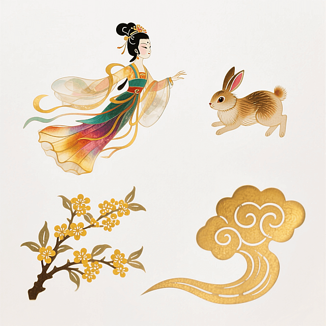 明亮鲜艳配色的素材（2X2规整排布）：1、嫦娥，2、小兔子，3、桂花，4、祥云。纯白色背景