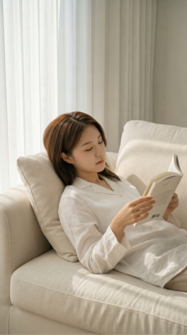 0-2秒：模特慵懒地靠在客厅的米白色布艺沙发上，手里捧着半开的书，目光轻柔落在书页上，姿态放松自然，暖柔的午后阳光透过纱帘在画面中缓慢流动；2-5秒：模特以极舒缓的速度，轻轻翻动一页书，动作连贯丝滑，预览效果