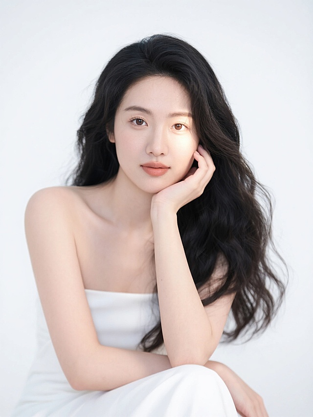 白色背景下的女性人像摄影，照片级写实风格，柔和的正面主光源，人物面部有细腻的高光和自然阴影，皮肤呈现光滑细腻的质感，通透白皙，水润光泽。女性有着一头乌黑亮泽的长卷发，发丝自然垂落，带有轻微的飘逸感。她身着简约的白色抹胸连衣裙，坐姿优雅，双臂交叠放在身前，一只手轻托脸颊，表情自然放松，眼神明亮有神。整体画面构图简洁大方，聚焦于人物主体，色彩以白色和肤色为主，整体氛围清新、纯净、温馨，具有高品质商业人像的细腻光影和精致质感。