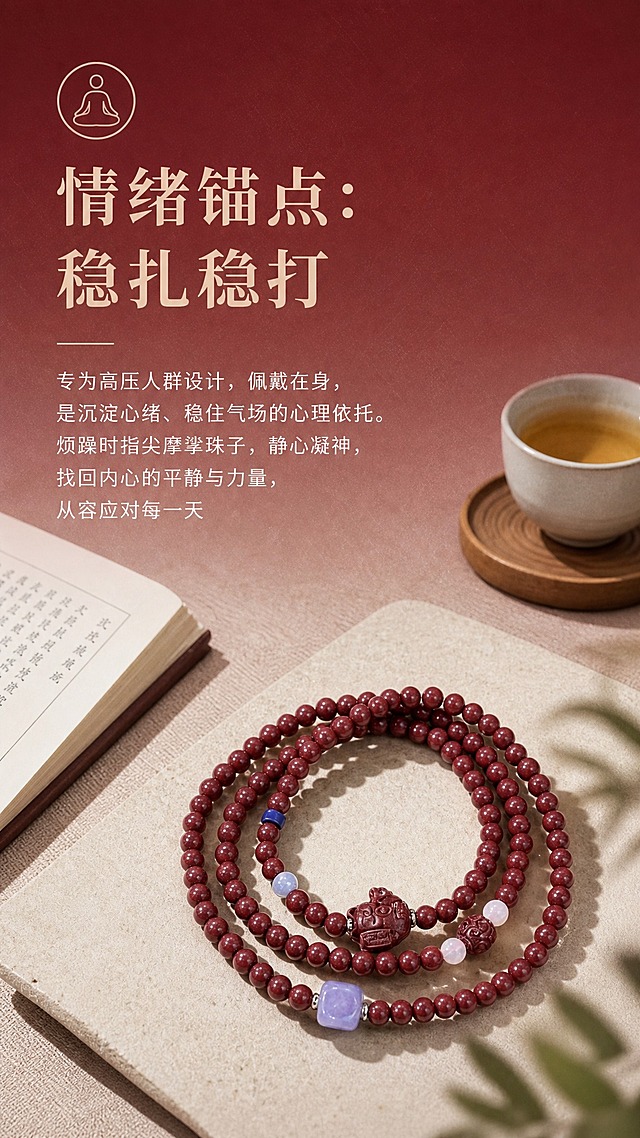 电商详情页卖点图，情绪价值稳心卖点，9:16竖版，高级酒红到裸粉渐变背景带纸质感纹理，展示手串安静放置在禅意茶席旁，旁边有一杯清茶、一本经书，配打坐/静心图标，大标题文字"情绪锚点：稳扎稳打"，正文文字"专为高压人群设计，佩戴在身，是沉淀心绪、稳住气场的心理依托。烦躁时指尖摩挲珠子，静心凝神，找回内心的平静与力量，从容应对每一天"，氛围宁静雅致，产品外观与参考图完全一致