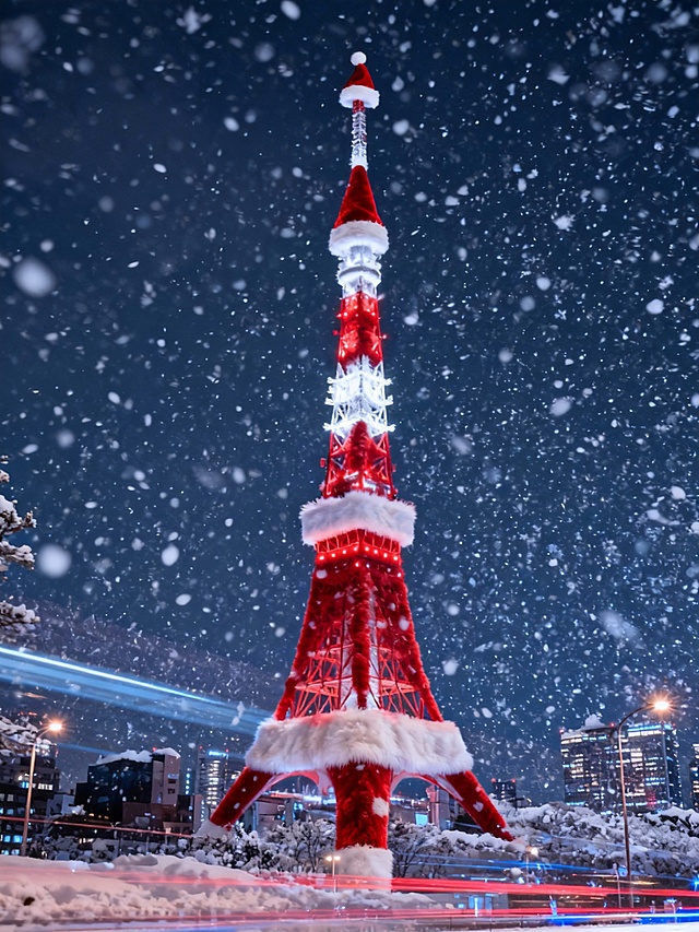 给建筑穿上毛绒绒的红白圣诞套装，塔尖戴圣诞帽，保持建筑原本形态，落雪背景。